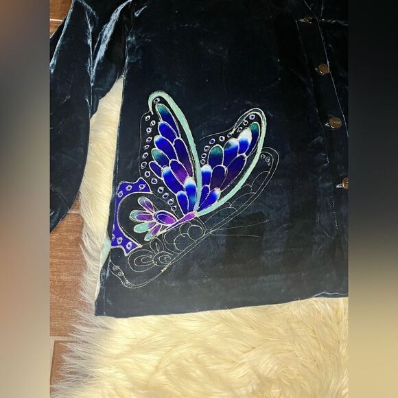 Chico’s deep navy w/ butterfly silk/velour shacket sz 3/XL - Picture 3 of 8